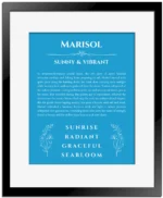 Marisol name origin print with meaning and traits in blue with black matte frame