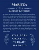 Maritza name origin print with meaning and traits in deep blue