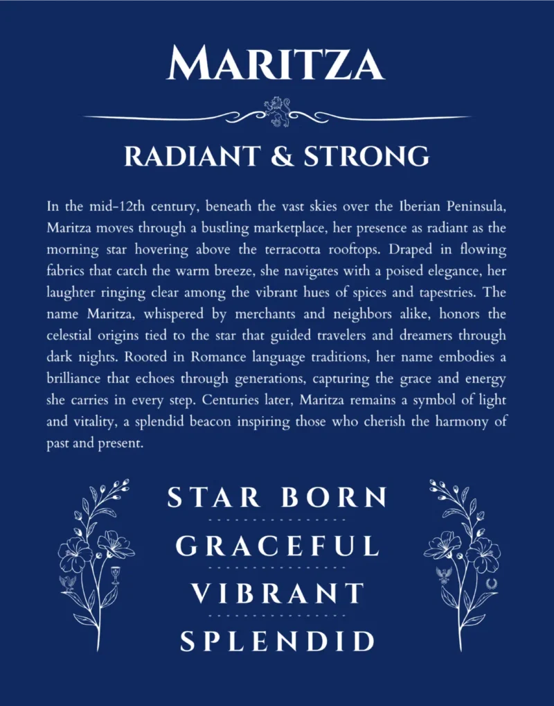 Maritza name origin print with meaning and traits in deep blue