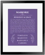 Marjorie custom name print for wall display in purple with black matte frame