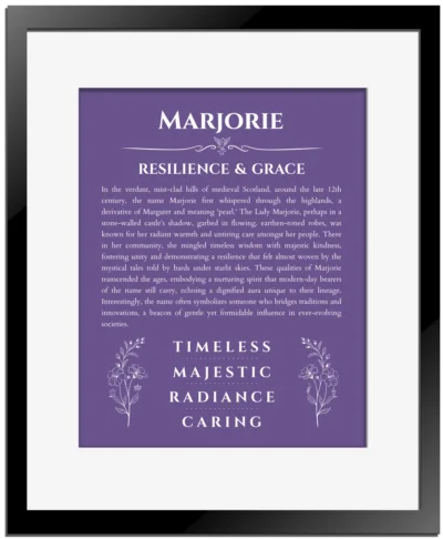 Marjorie custom name print for wall display in purple with black matte frame