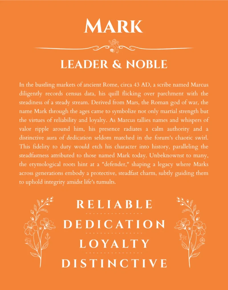 Mark name origin print with meaning and traits in orange
