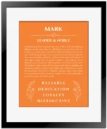 Mark name origin print with meaning and traits in orange with black matte frame