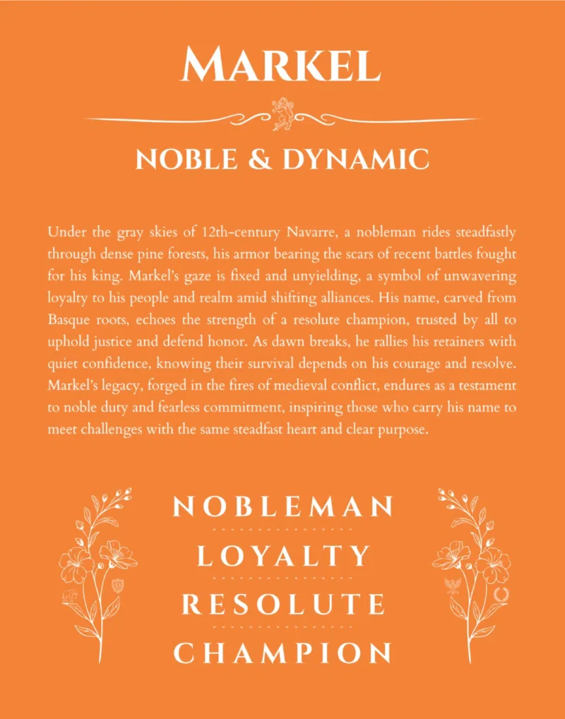Markel personalized name print with origin and traits in orange