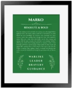 Marko name meaning wall art by Get Your Story in dark green with black matte frame