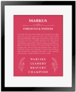 Markus personalized wall art with the story of your name in red with black matte frame