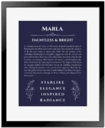 Marla name meaning gift print in navy blue with black matte frame