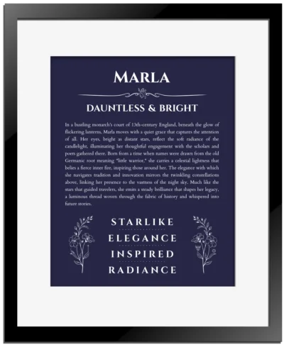 Marla name meaning gift print in navy blue with black matte frame