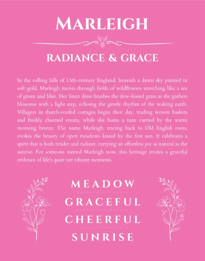 Marleigh name origin print with meaning and traits in pink