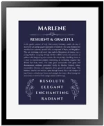 Marlene name meaning gift print in navy blue with black matte frame