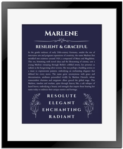 Marlene name meaning gift print in navy blue with black matte frame