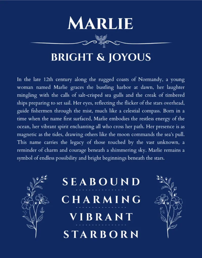 Marlie custom name art showing meaning and origin in deep blue