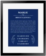 Marlie custom name art showing meaning and origin in deep blue with black matte frame