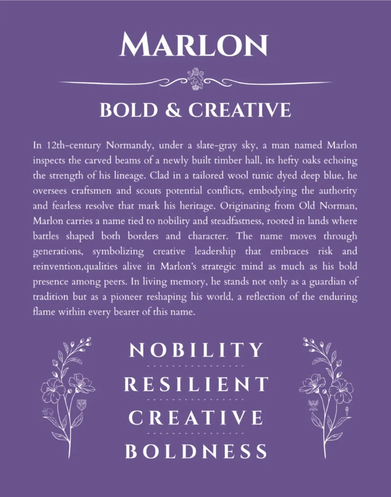 Marlon custom name art showing meaning and origin in purple