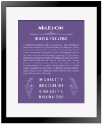 Marlon custom name art showing meaning and origin in purple with black matte frame