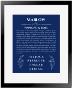 Marlow name meaning gift print in deep blue with black matte frame