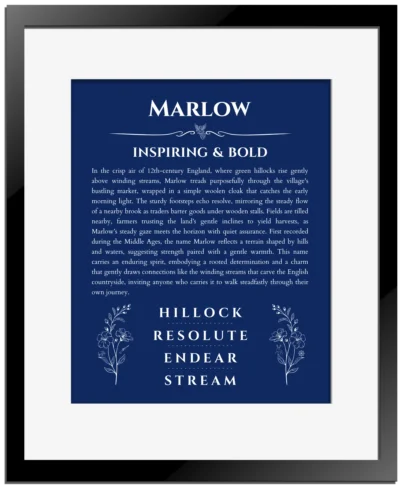 Marlow name meaning gift print in deep blue with black matte frame
