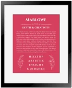 Marlowe personalized name print with origin and traits in red with black matte frame