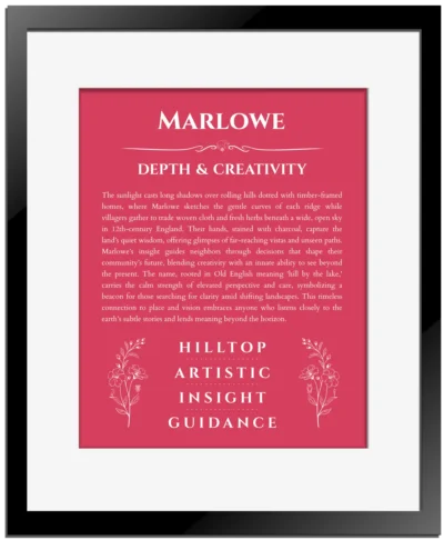 Marlowe personalized name print with origin and traits in red with black matte frame
