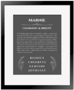 Marnie custom name meaning print in gray with black matte frame