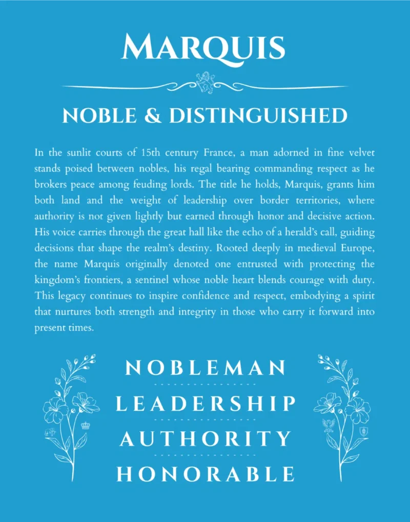 Marquis personalized name art with origin story in blue
