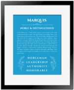 Marquis personalized name art with origin story in blue with black matte frame