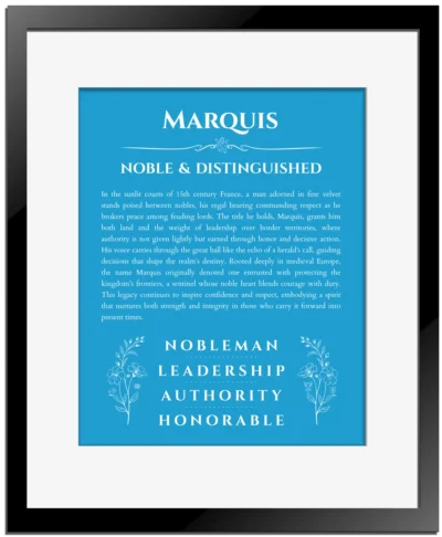 Marquis personalized name art with origin story in blue with black matte frame