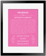 Marsha personalized name meaning print in pink with black matte frame