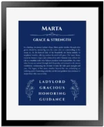 Marta name meaning wall art by Get Your Story in deep blue with black matte frame