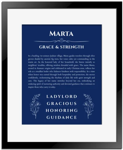 Marta name meaning wall art by Get Your Story in deep blue with black matte frame