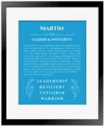 Martin personalized wall art with the story of your name in blue with black matte frame