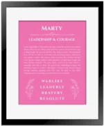 Marty name meaning wall art by Get Your Story in pink with black matte frame