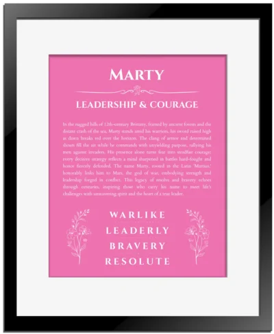 Marty name meaning wall art by Get Your Story in pink with black matte frame