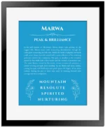 Marwa custom name art showing meaning and origin in blue with black matte frame