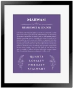 Marwan custom name print for wall display in purple with black matte frame