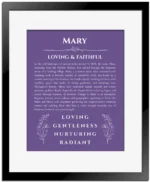 Mary personalized wall art with the story of your name in purple with black matte frame