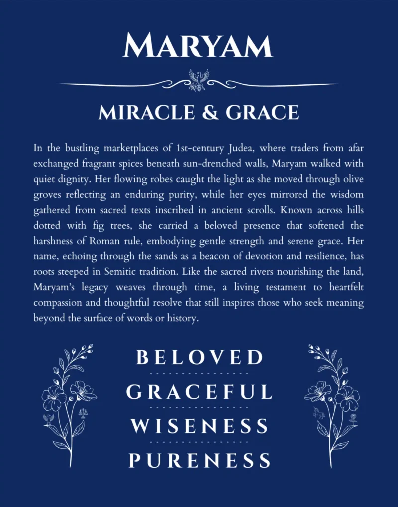 Maryam personalized name print with origin and traits in deep blue