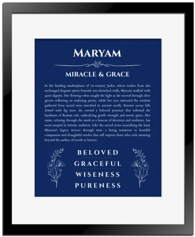 Maryam personalized name print with origin and traits in deep blue with black matte frame