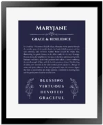 Maryjane name origin print with meaning and traits in navy blue with black matte frame