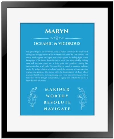 Maryn custom name meaning print in blue with black matte frame