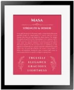 Masa personalized name print with origin and traits in red with black matte frame