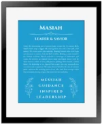 Masiah personalized name art with origin story in blue with black matte frame