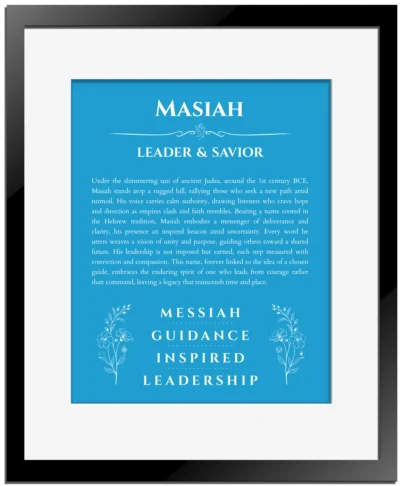 Masiah personalized name art with origin story in blue with black matte frame