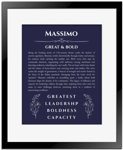 Massimo name meaning wall art by Get Your Story in navy blue with black matte frame