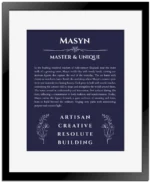Masyn custom name meaning print in navy blue with black matte frame