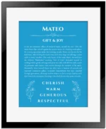 Mateo custom name print for wall display in blue with black matte frame