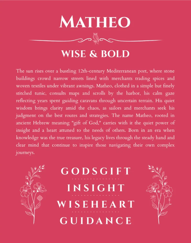 Matheo personalized name print with origin and traits in red