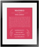 Matheo personalized name print with origin and traits in red with black matte frame