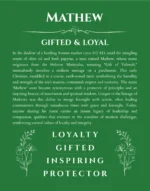 Mathew personalized name art with origin story in dark green