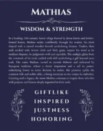 Mathias custom name art showing meaning and origin in navy blue